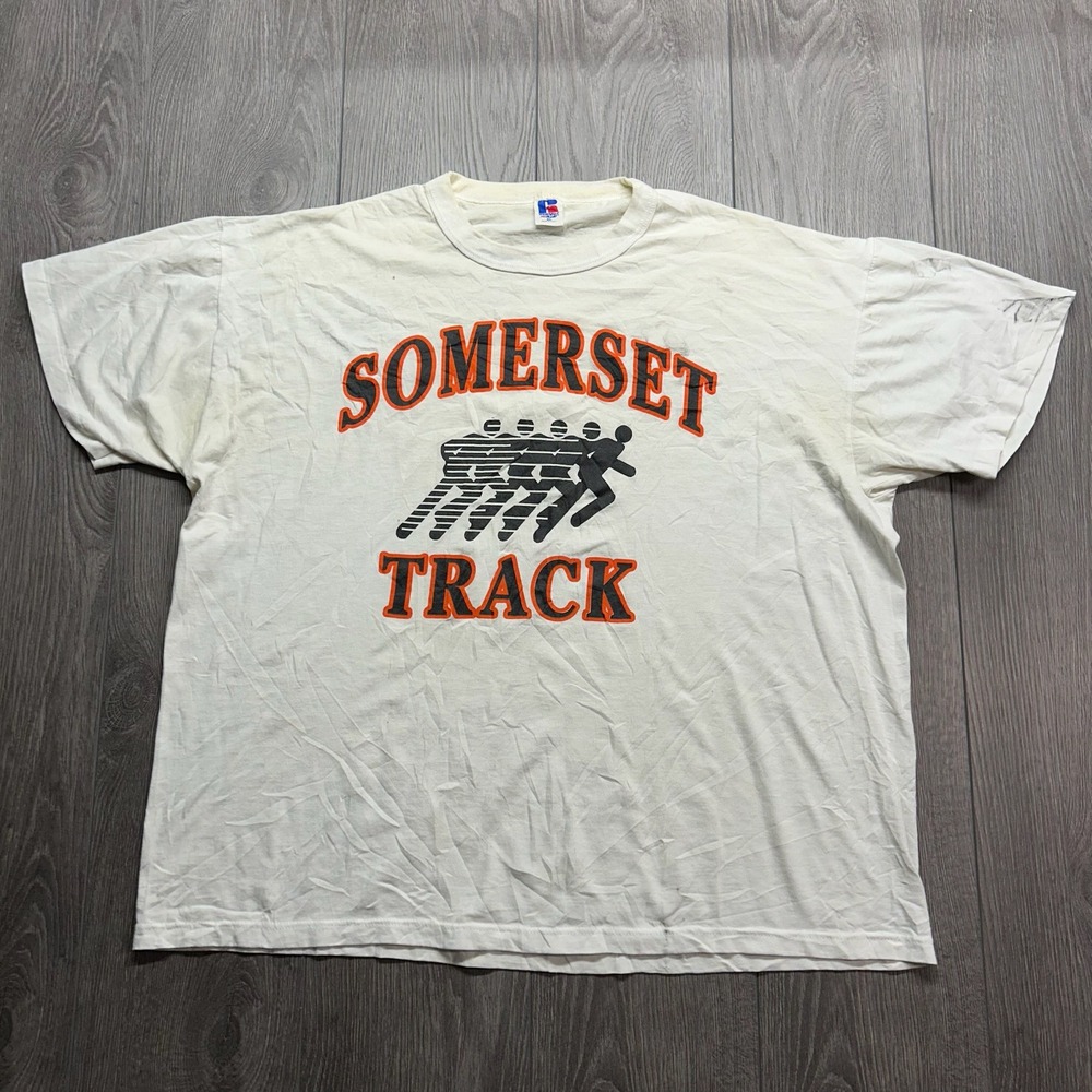 Vintage 90s Russell Athletic Somerset Track T-Shirt XL White Made in USA NuBlend